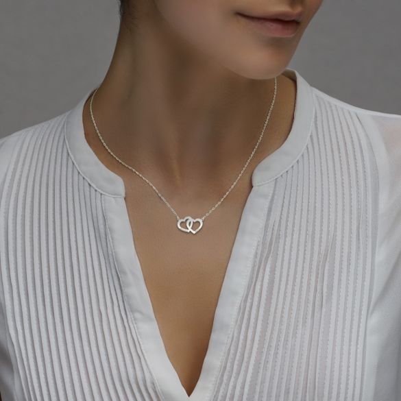 Sterling Silver Engraved Horizontal Double Heart Pendant With Chain