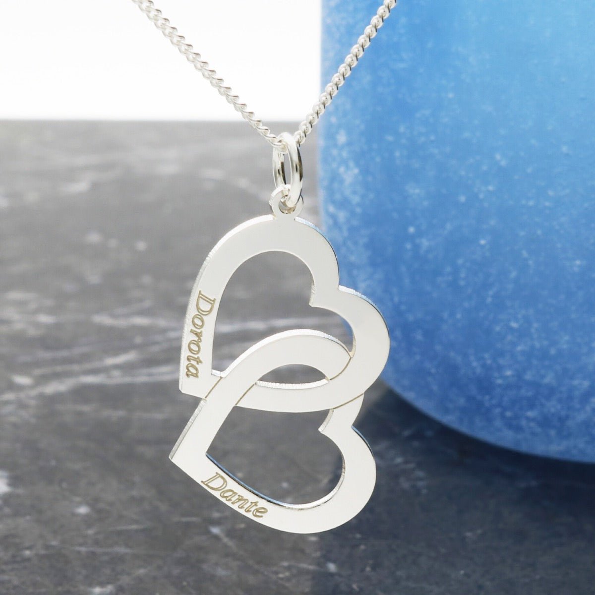 Sterling Silver Engraved Vertical Double Heart Pendant With Chain - Love Silver Jewellery