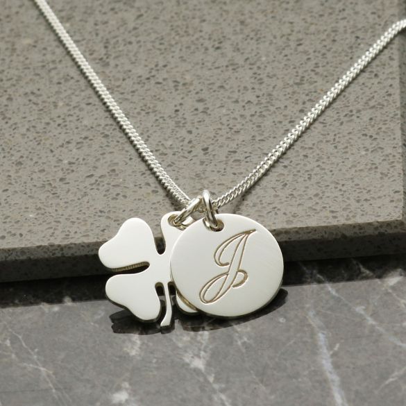 Lucky Clover and Engraved Initial Pendants With Chain - Love Silver Jewellery