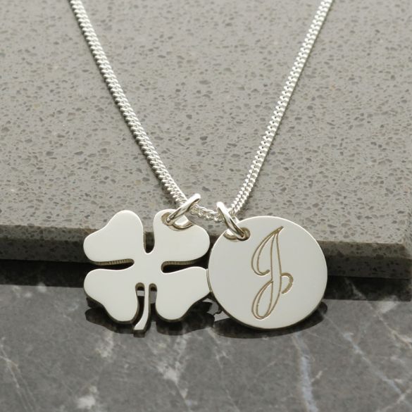 Lucky Clover and Engraved Initial Pendants With Chain - Love Silver Jewellery