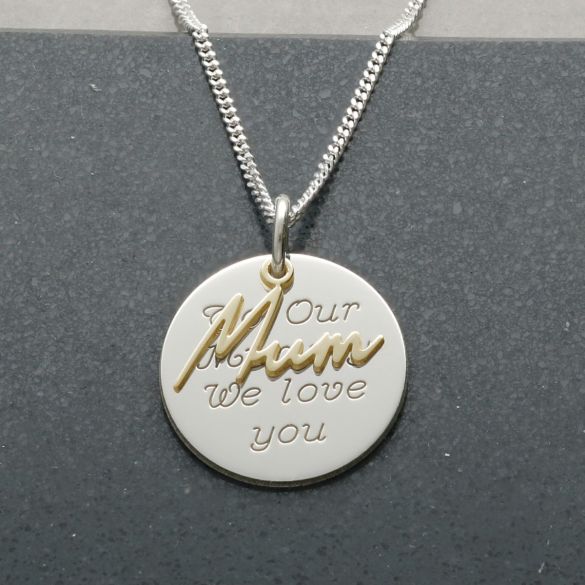 Sterling Silver Engraved Disc Necklace With 9ct Gold Plated Mum Pendant - Love Silver Jewellery
