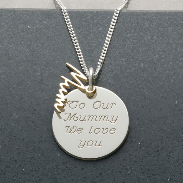 Sterling Silver Engraved Disc Necklace With 9ct Gold Plated Mum Pendant - Love Silver Jewellery