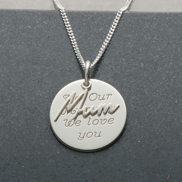 Sterling Silver Engraved Disc Necklace With 9ct Gold Plated Mum Pendant - Love Silver Jewellery