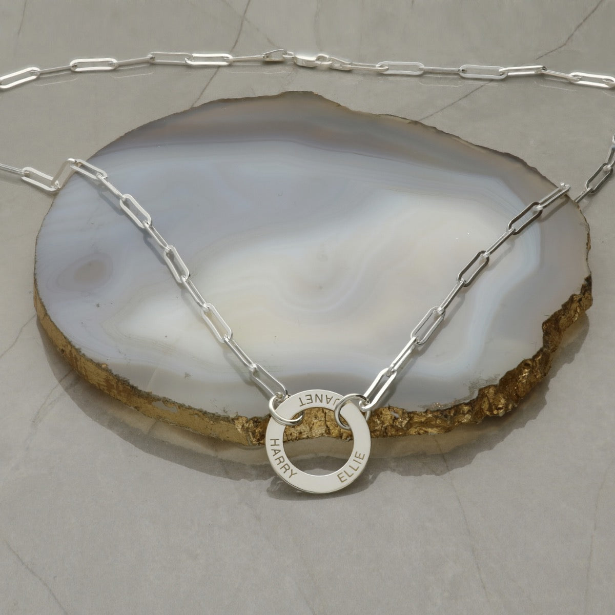 Sterling Silver Paper Clip Link Necklace With Engraved Ring