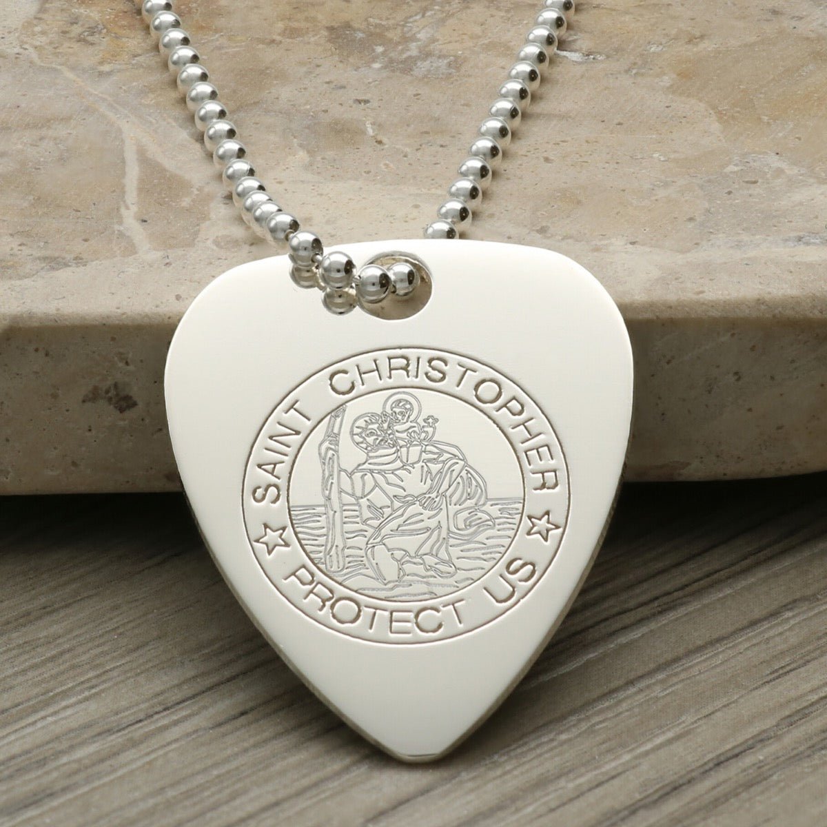 Sterling Silver St Christopher Plectrum Guitar Pick Tag With Optional Engraving & Chain - Love Silver Jewellery