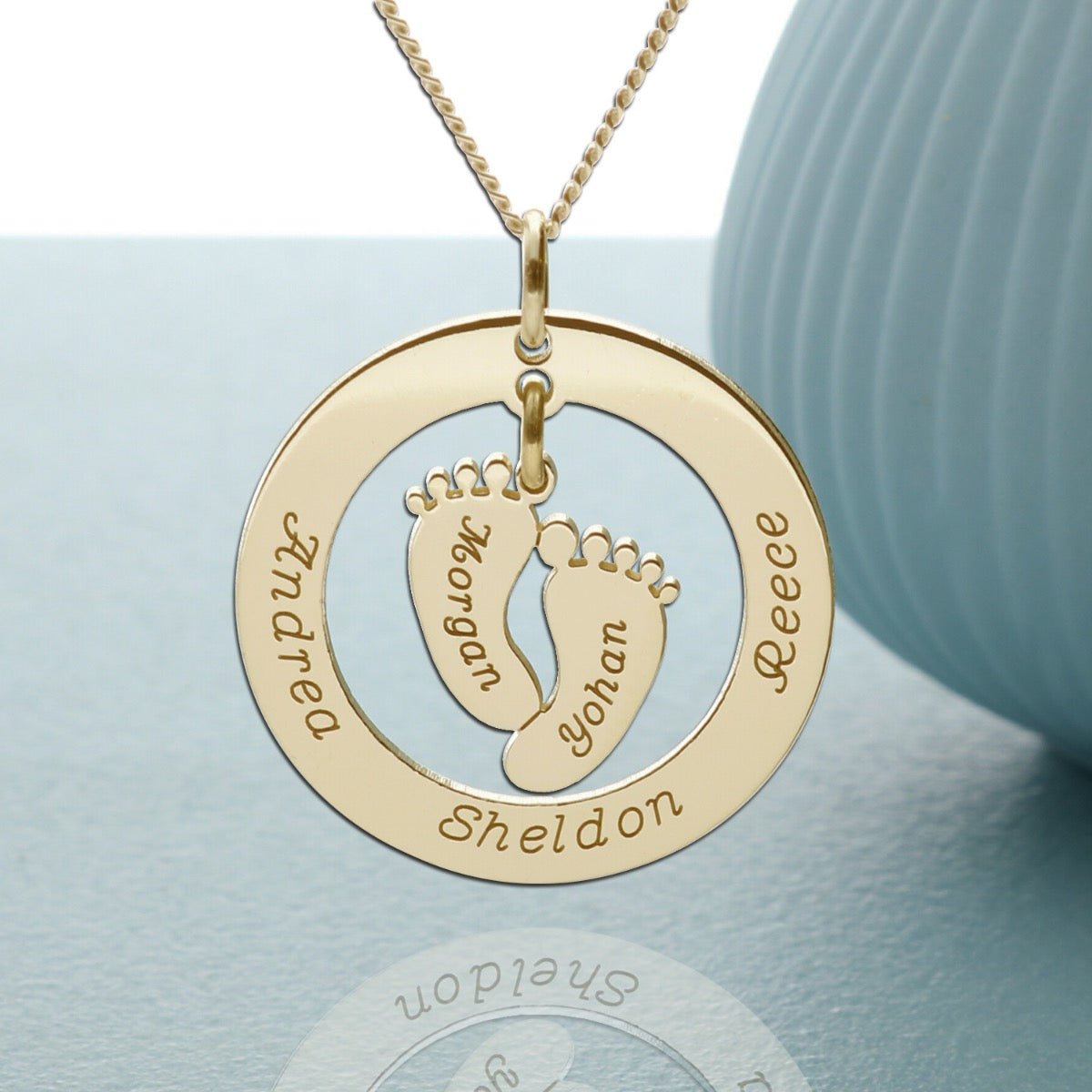 9ct Yellow Gold Family Necklace With Hanging Baby Feet - Love Silver Jewellery