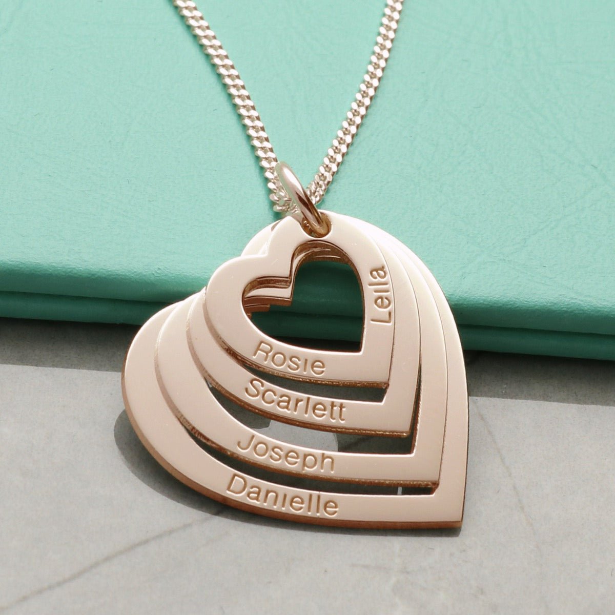 9ct Rose Gold Plated Four Heart Personalised Family Necklace - Love Silver Jewellery