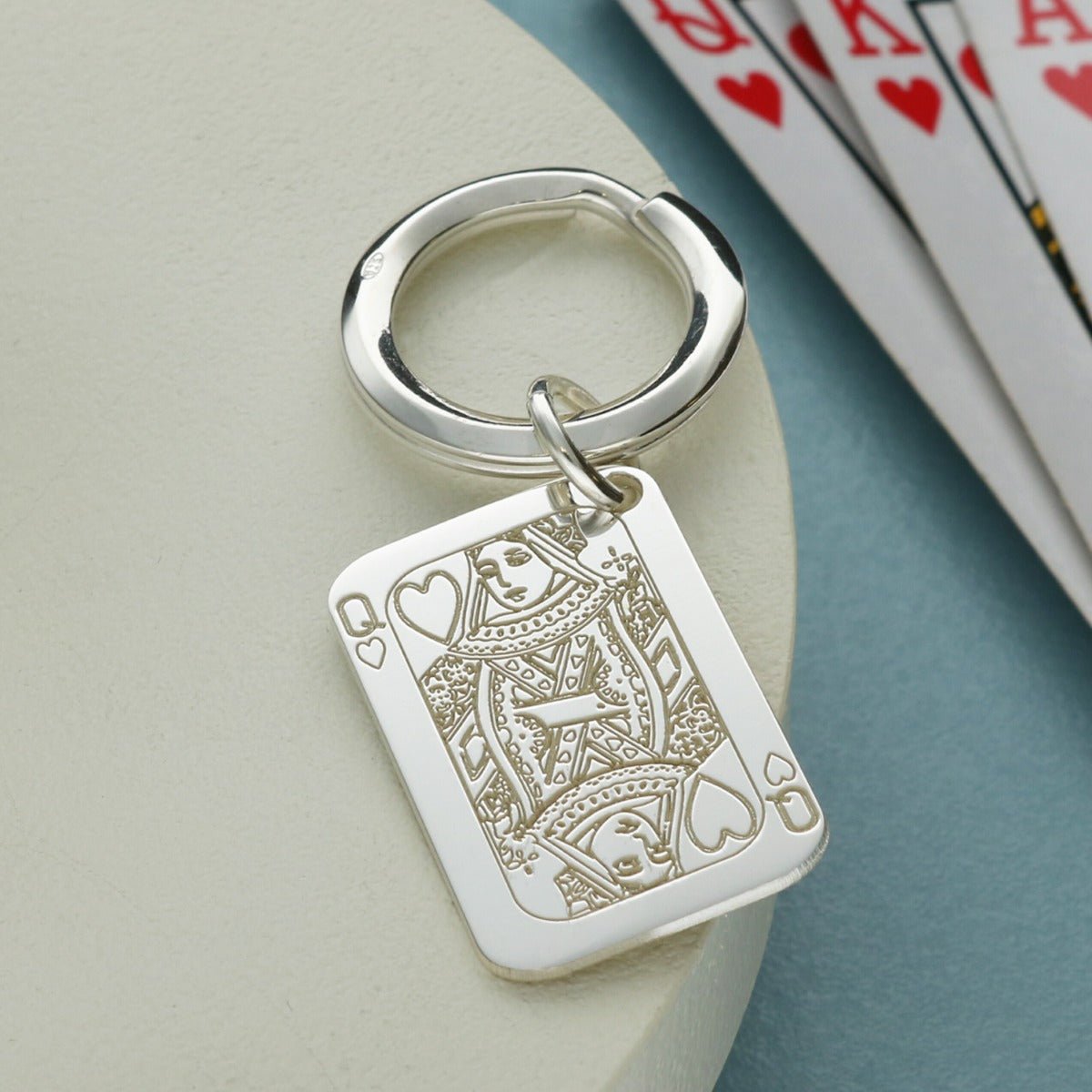 Sterling Silver Queen Of Hearts Playing Card Keyring With Optional Engraving - Keyring - Love Silver Jewellery