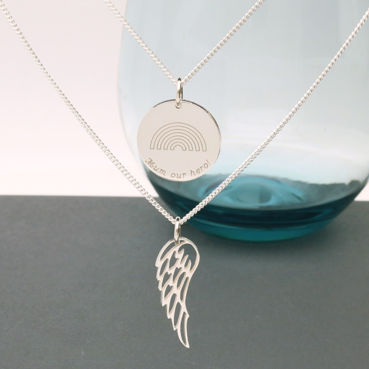 Sterling Silver Engraved Layered Rainbow Disc & Angel Wing Pendant - Love Silver Jewellery