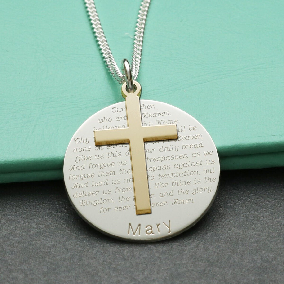 9ct Yellow Gold Cross With Sterling Silver Personalised The Lord's Prayer Disc & Optional Engraving - Love Silver Jewellery