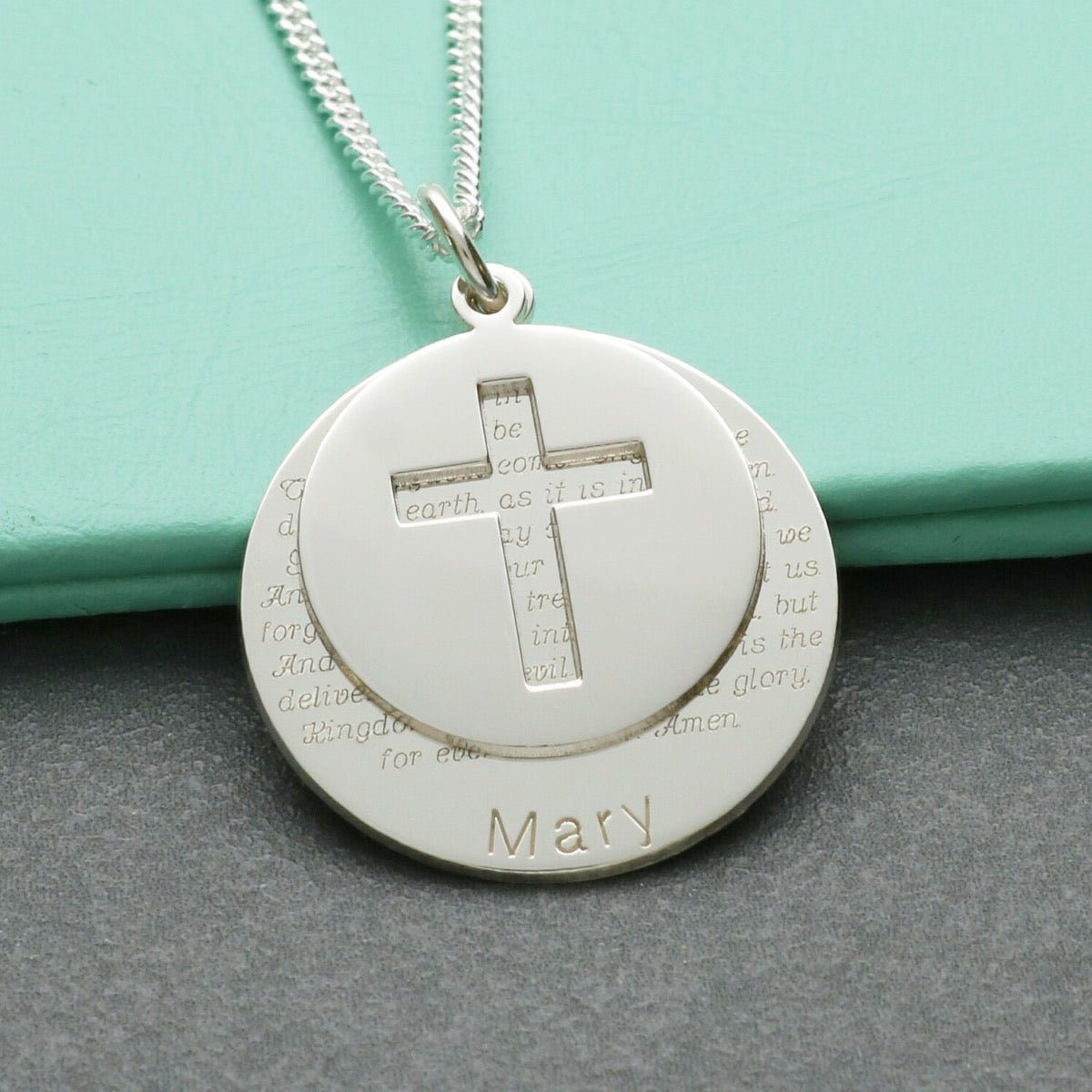 Sterling Silver Personalised Cross Disc Necklace With The Lord's Prayer & Optional Engraving - Love Silver Jewellery