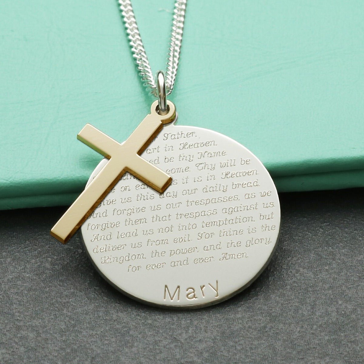 9ct Yellow Gold Cross With Sterling Silver Personalised The Lord's Prayer Disc & Optional Engraving - Love Silver Jewellery