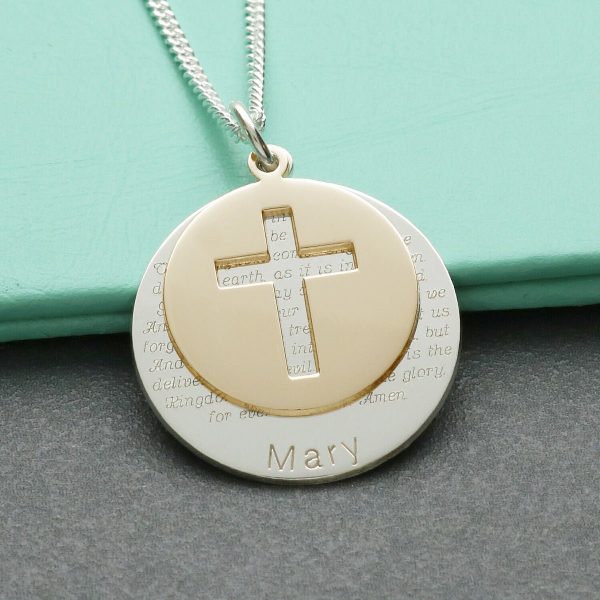 9ct Yellow Gold & Sterling Silver Personalised Cross Disc With The Lord's Prayer & Optional Engraving - Love Silver Jewellery