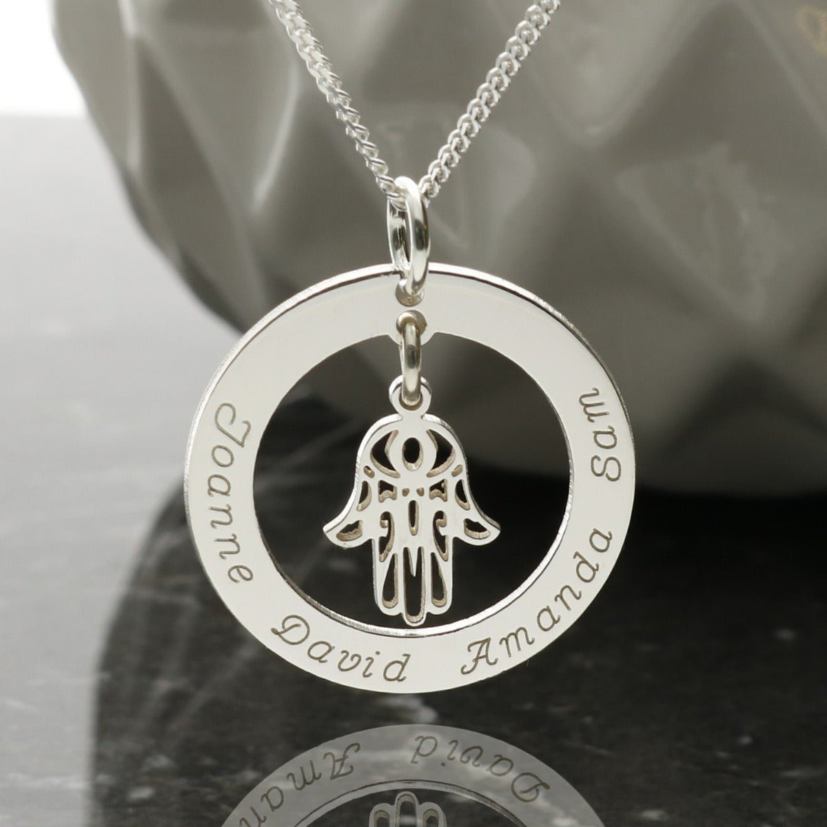 Sterling Silver Personalised Disc With Hanging Hamsa Hand Of Fatima Pendant Necklace - Love Silver Jewellery