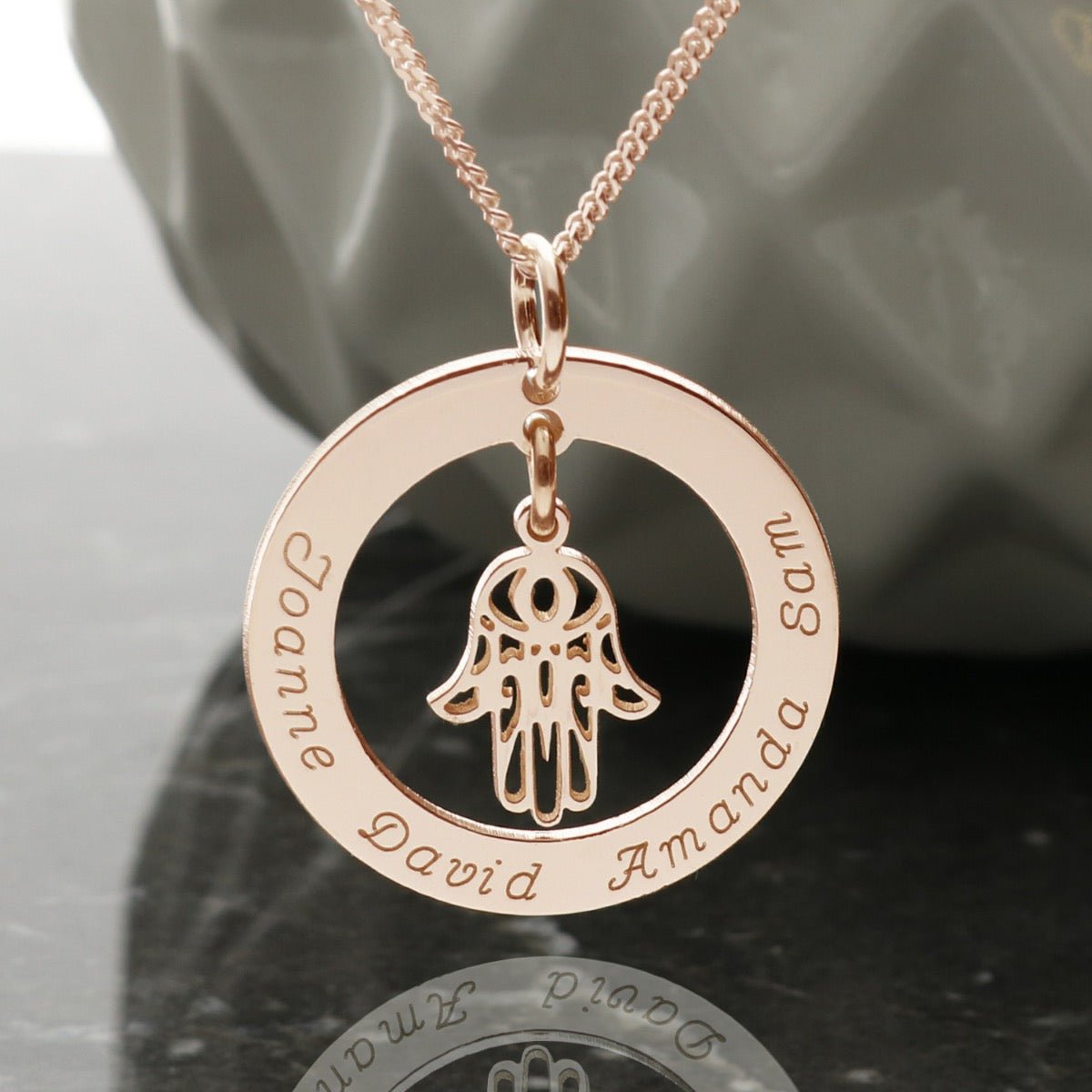 9ct Rose Gold Plated Personalised Disc With Hanging Hamsa Hand Of Fatima Pendant Necklace - Love Silver Jewellery