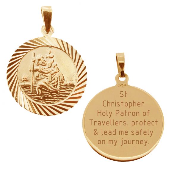9ct Rose Gold Vermeil 20mm Diamond Cut St Christopher Pendant With Travellers Prayer and Optional Chain