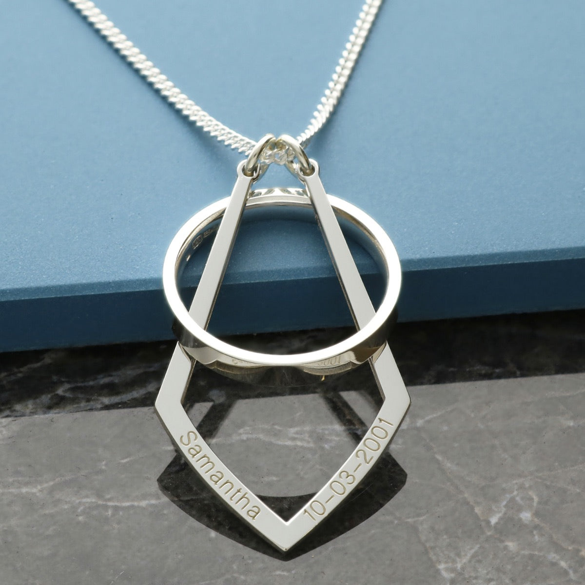 Sterling Silver Geometric Ring Holder Necklace with Personalised Engraving
