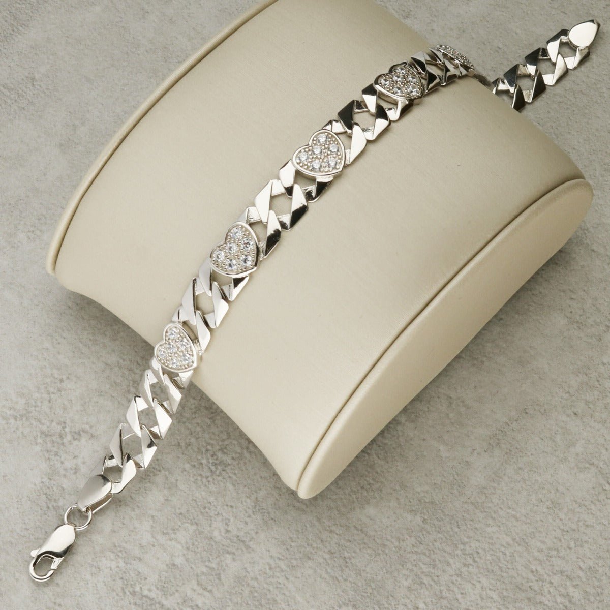 Sterling Silver 8mm Ladies CZ Set Heart Flat Curb Bracelet - Love Silver Jewellery
