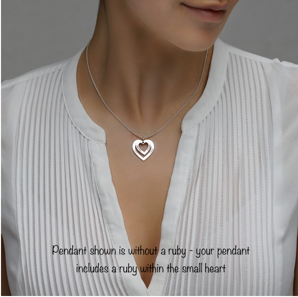 9ct White Gold Double Heart Personalised Necklace With Ruby