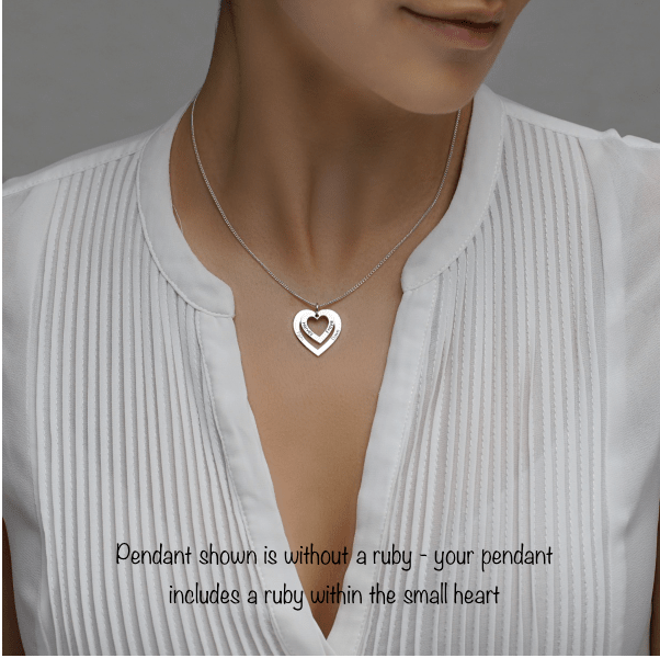 9ct White Gold Double Heart Personalised Necklace With Ruby - Love Silver Jewellery