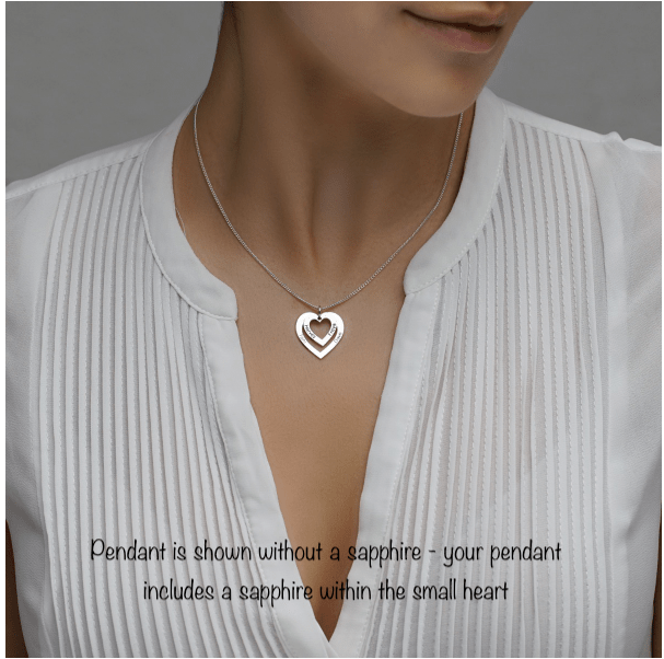 9ct White Gold Double Heart Personalised Necklace With Sapphire - Love Silver Jewellery