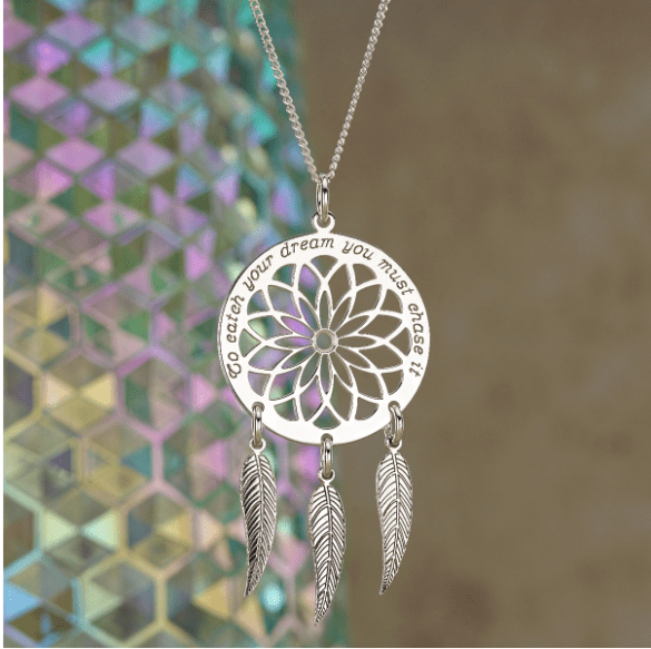 9ct White Gold Dream Catcher and Feathers Necklace - Love Silver Jewellery