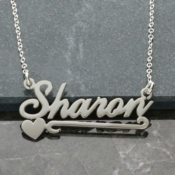 9ct White Gold Carrie Style Personalised Name Necklace With Heart & Scroll