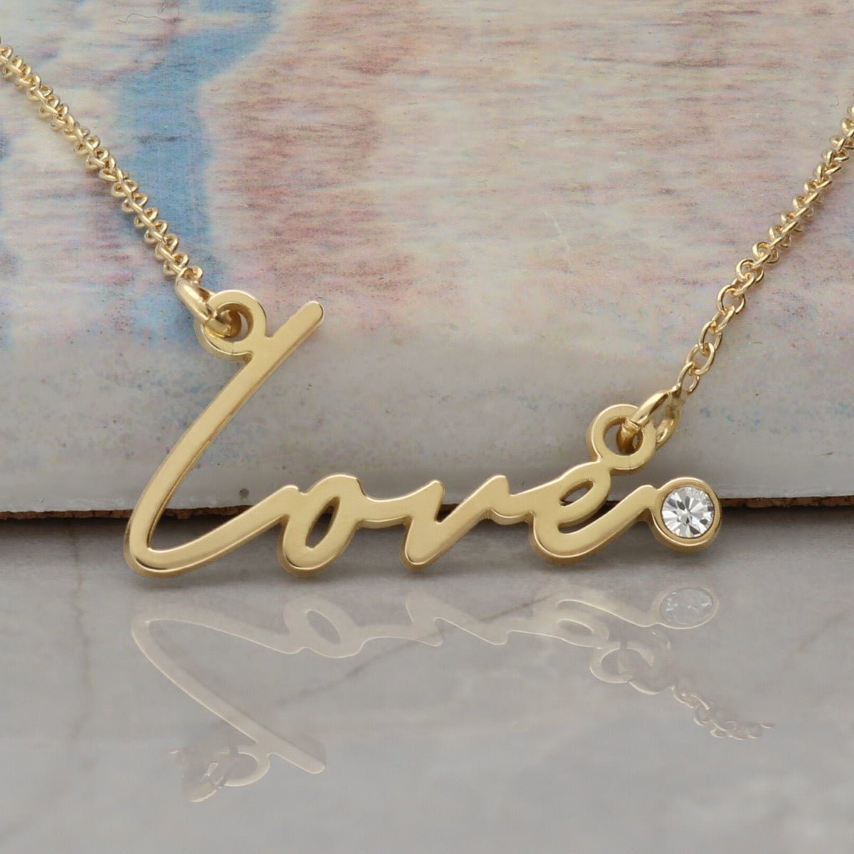 9ct Yellow Gold Plated Signature Style Name Necklace With Crystal - Love Silver Jewellery