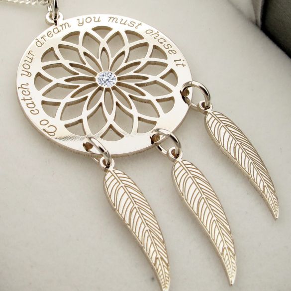 Sterling Silver Dream Catcher and Feathers Necklace With Crystal