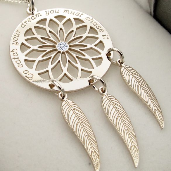 9ct White Gold Dream Catcher and Feathers Necklace With Crystal - Love Silver Jewellery
