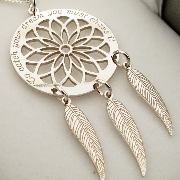 9ct White Gold Dream Catcher and Feathers Necklace - Love Silver Jewellery