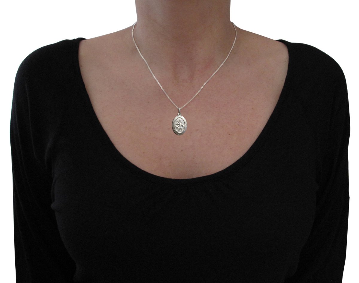 Sterling Silver Satin Oval St Christopher Pendant With Optional Engraving and Chain - Love Silver Jewellery