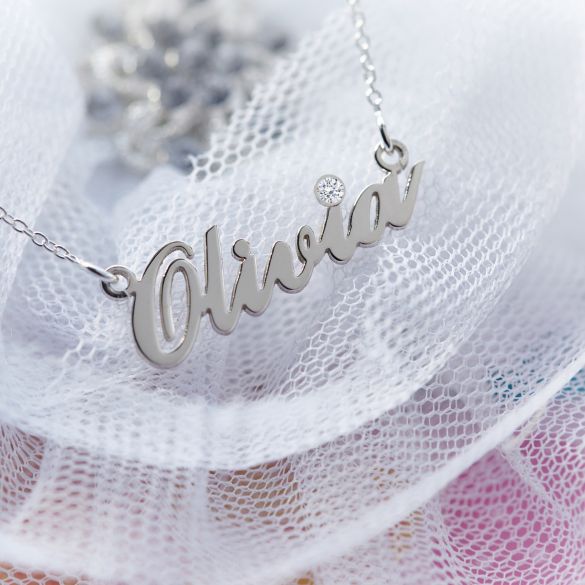 9ct White Gold Carrie Style Personalised Name Necklace With Diamond - Love Silver Jewellery