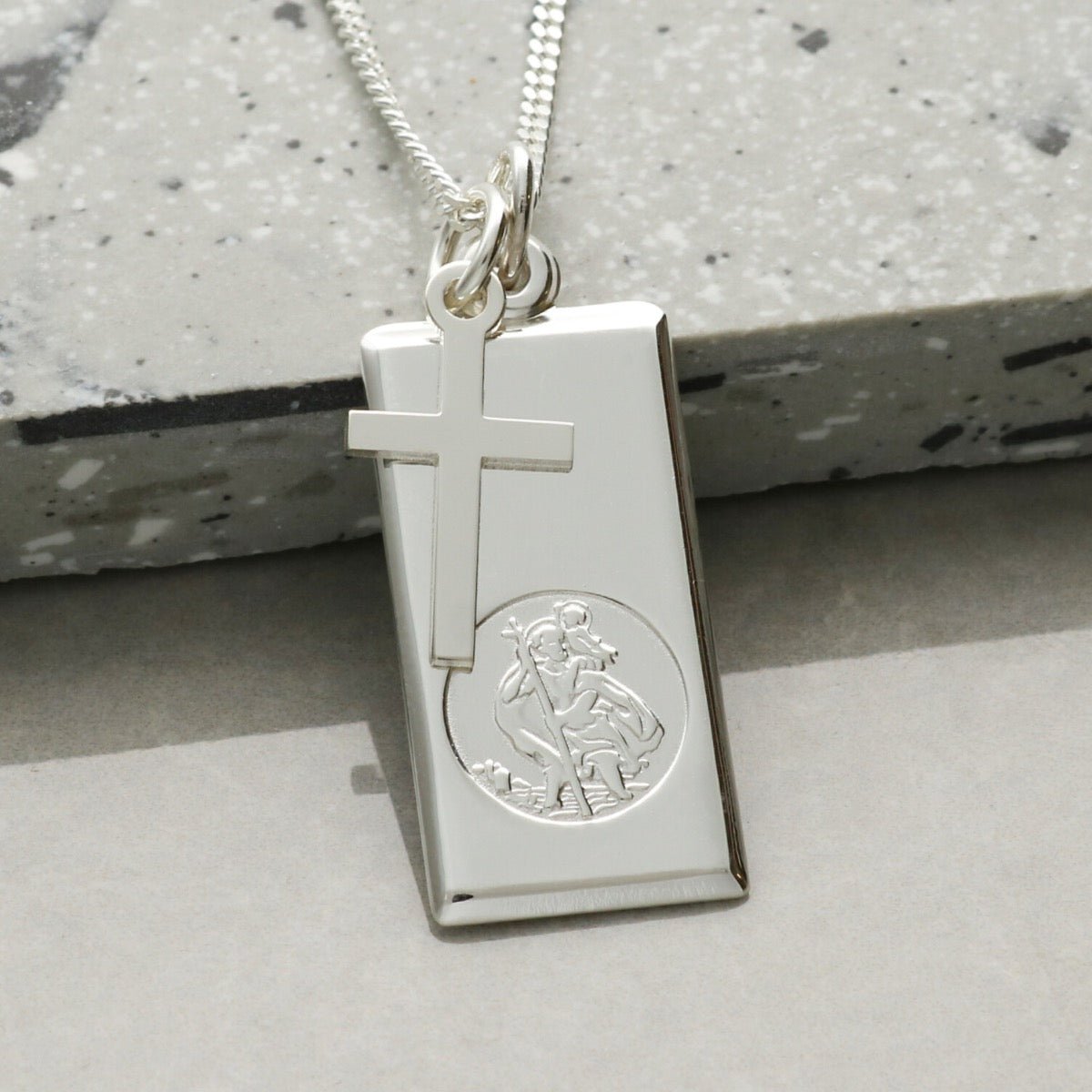 Sterling Silver St Christopher Ingot With Cross, Optional Engraving and Chain - Love Silver Jewellery
