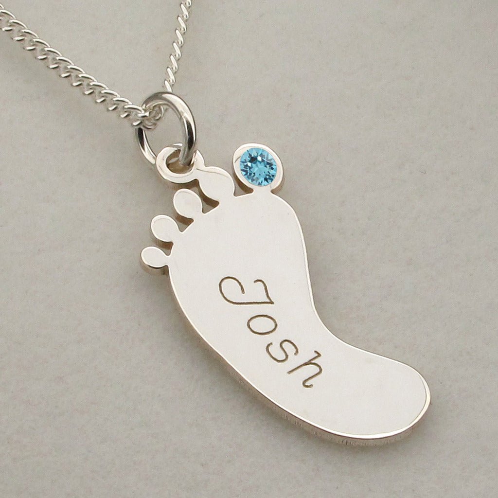 Sterling Silver Engraved Footprint Pendant With Crystal Necklace - Love Silver Jewellery