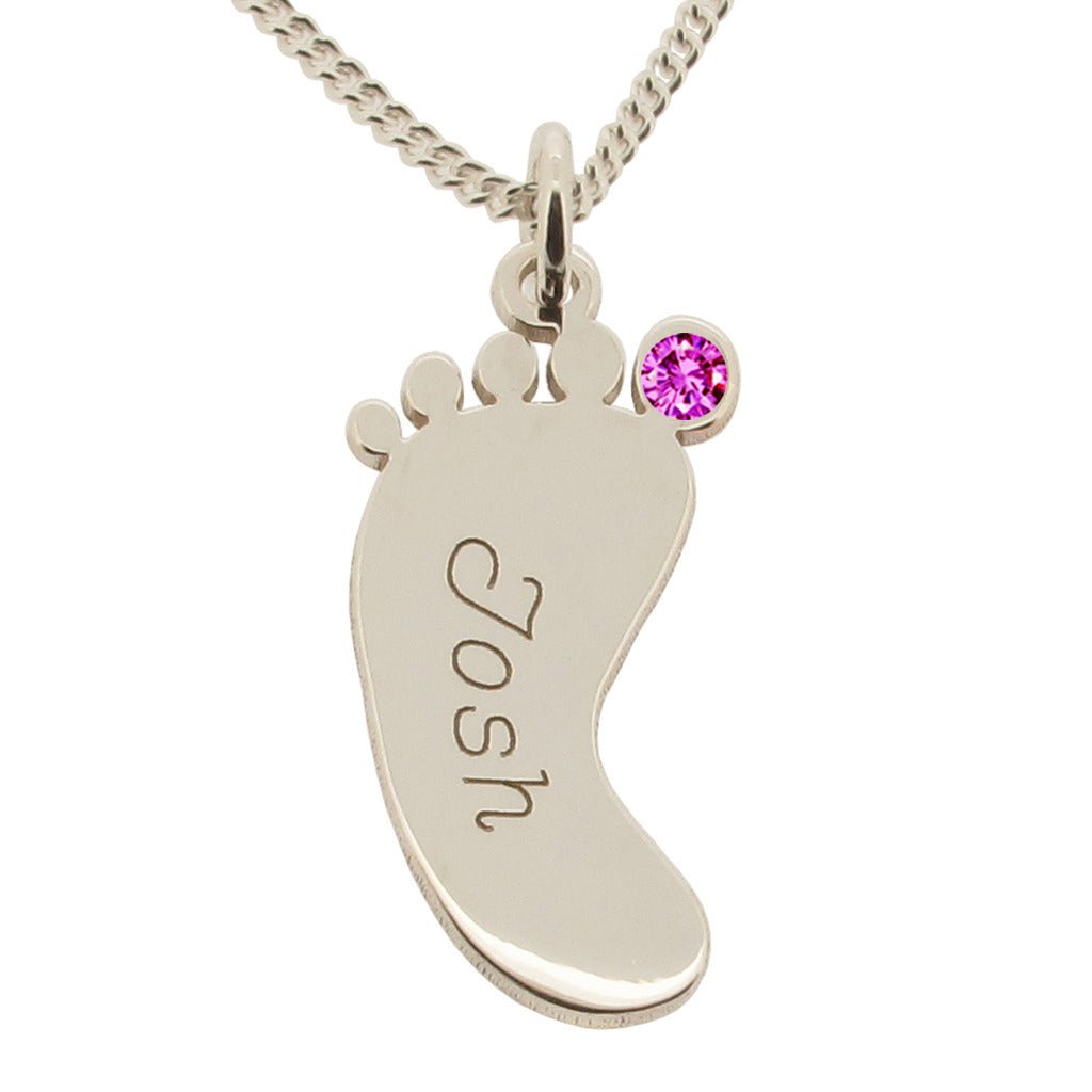 Sterling Silver Engraved Footprint Pendant With Crystal Necklace - Love Silver Jewellery