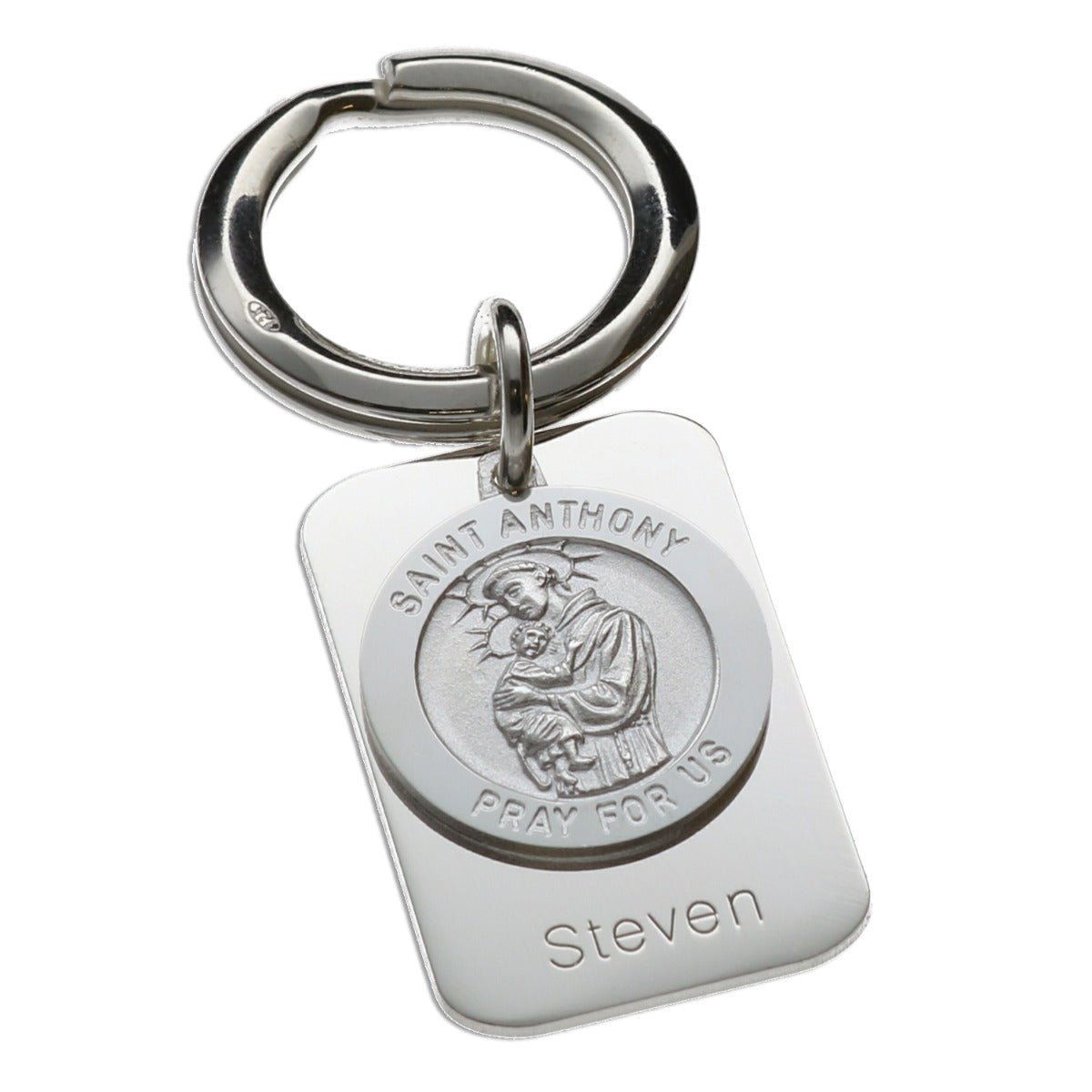 Sterling Silver Personalised Rectangle St Anthony Keyring With Prayer - Love Silver Jewellery