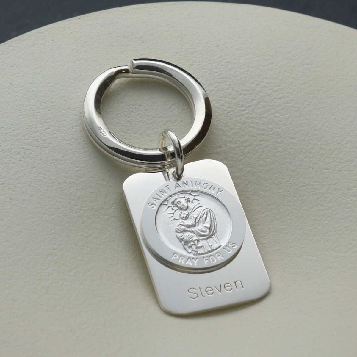 Sterling Silver Personalised Rectangle St Anthony Keyring With Prayer - Love Silver Jewellery
