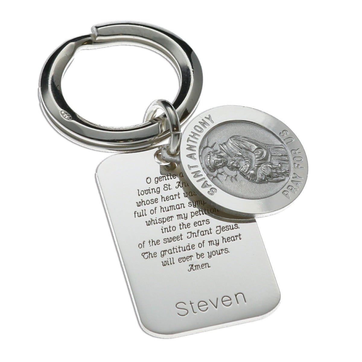 Sterling Silver Personalised Rectangle St Anthony Keyring With Prayer - Love Silver Jewellery