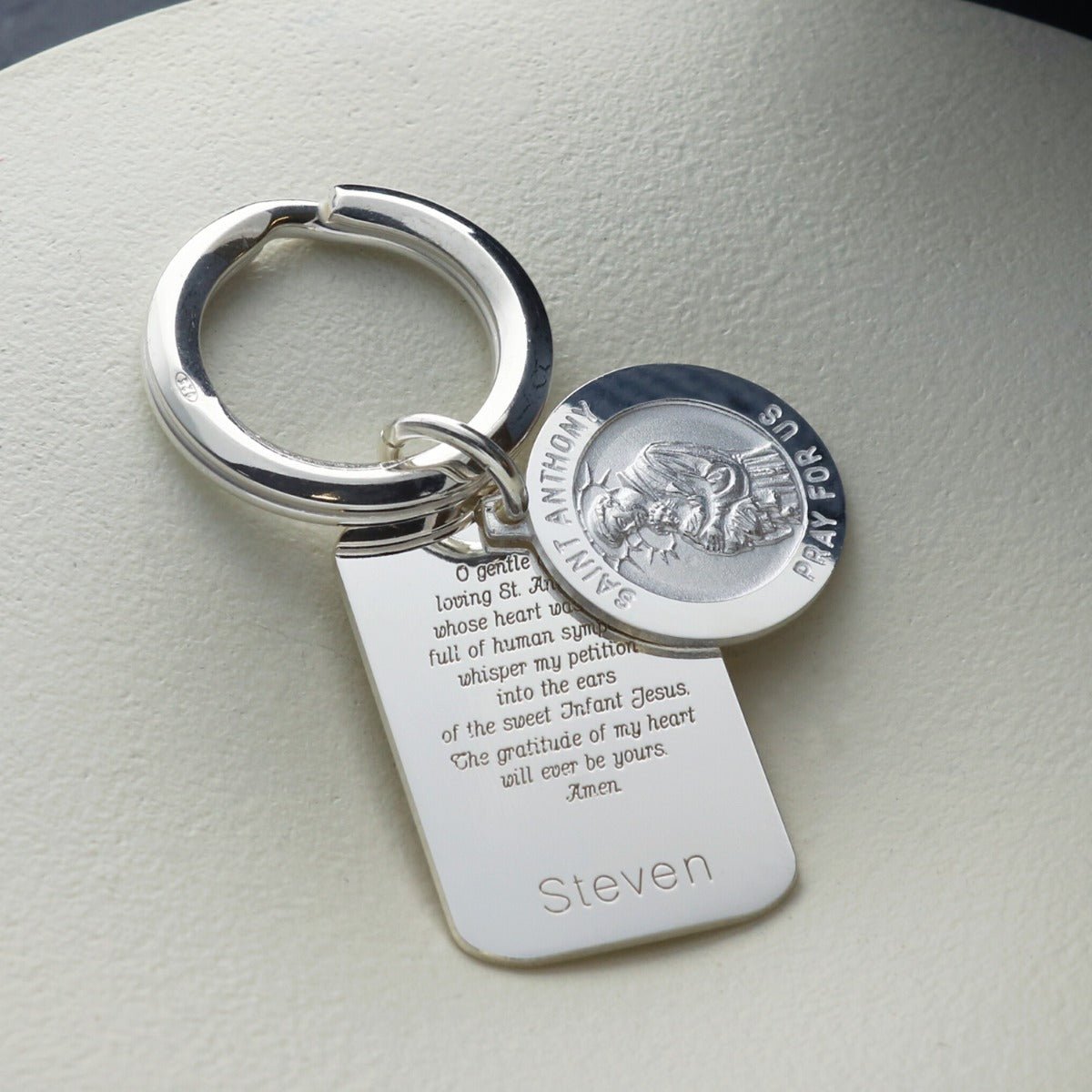 Sterling Silver Personalised Rectangle St Anthony Keyring With Prayer - Love Silver Jewellery