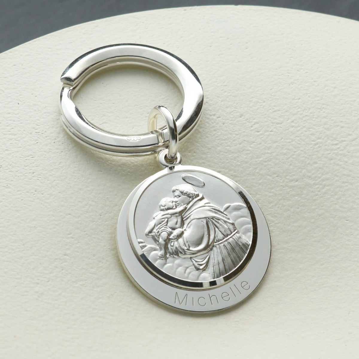Sterling Silver Personalised Round St Anthony Keyring With St Anthony Prayer