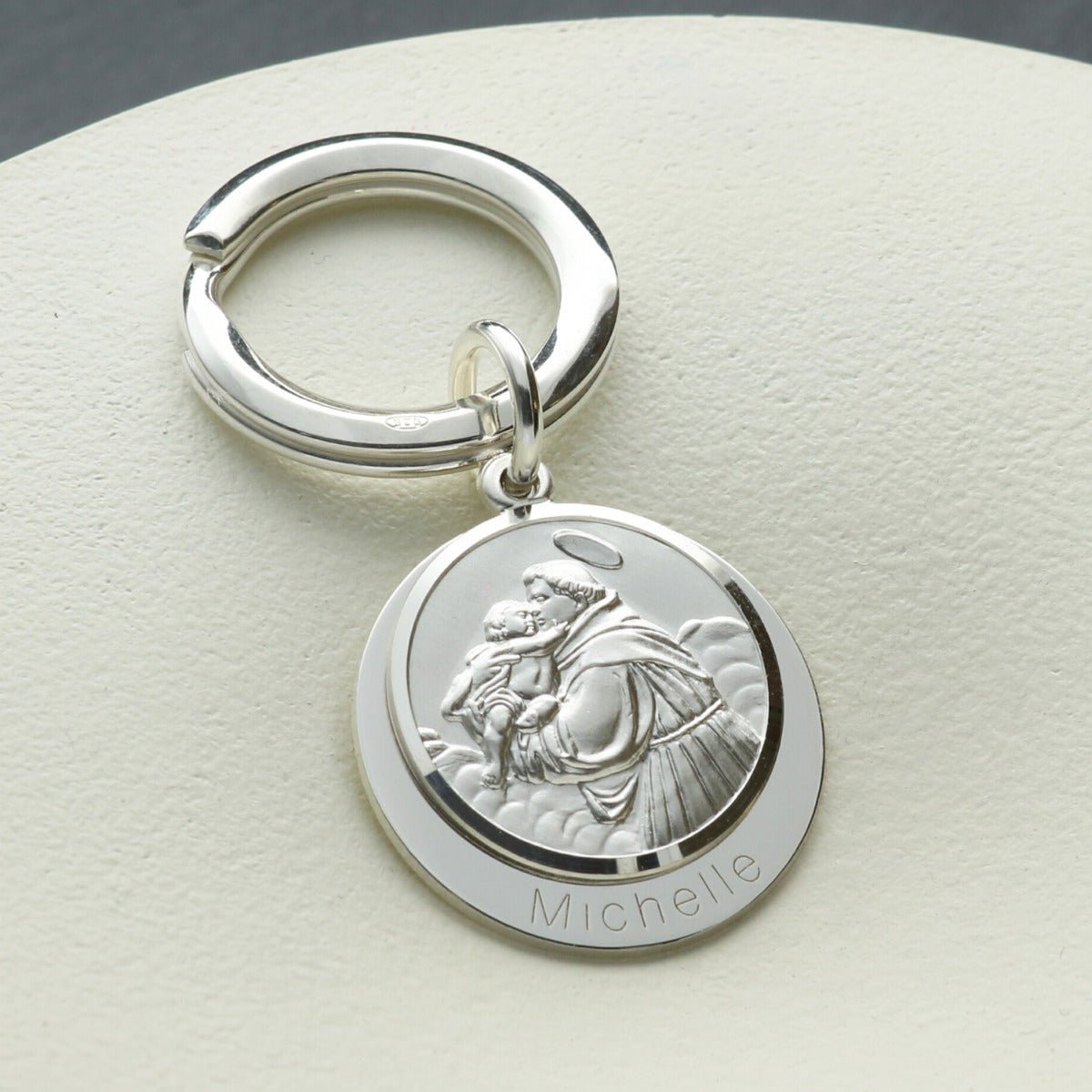 Sterling Silver Personalised Round St Anthony Keyring With St Anthony Prayer - Love Silver Jewellery