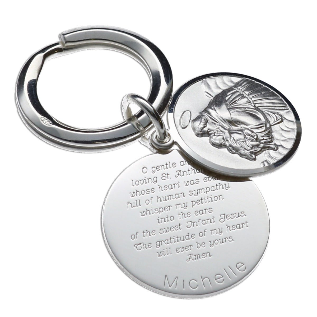 Sterling Silver Personalised Round St Anthony Keyring With St Anthony Prayer - Love Silver Jewellery