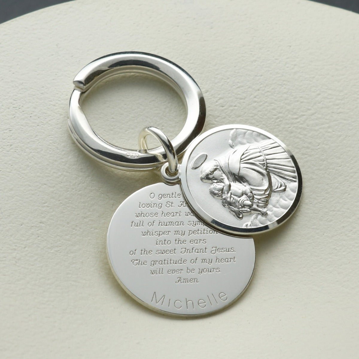 Sterling Silver Personalised Round St Anthony Keyring With St Anthony Prayer - Love Silver Jewellery