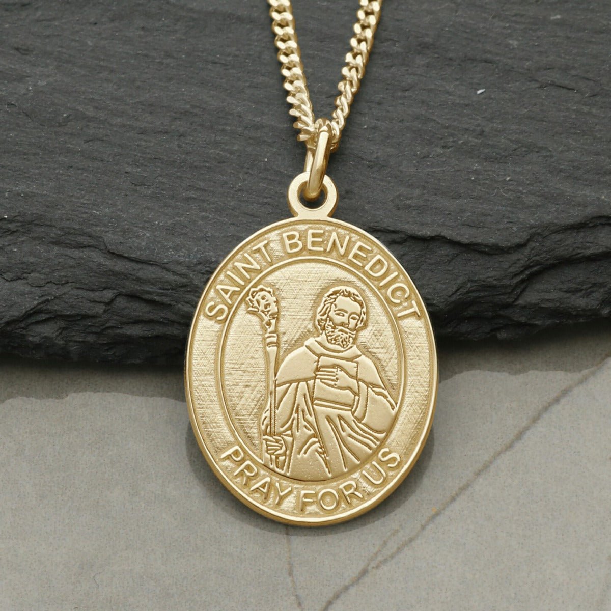 9ct Yellow Gold Plated Oval St Benedict Necklace with Optional Engraving - Love Silver Jewellery