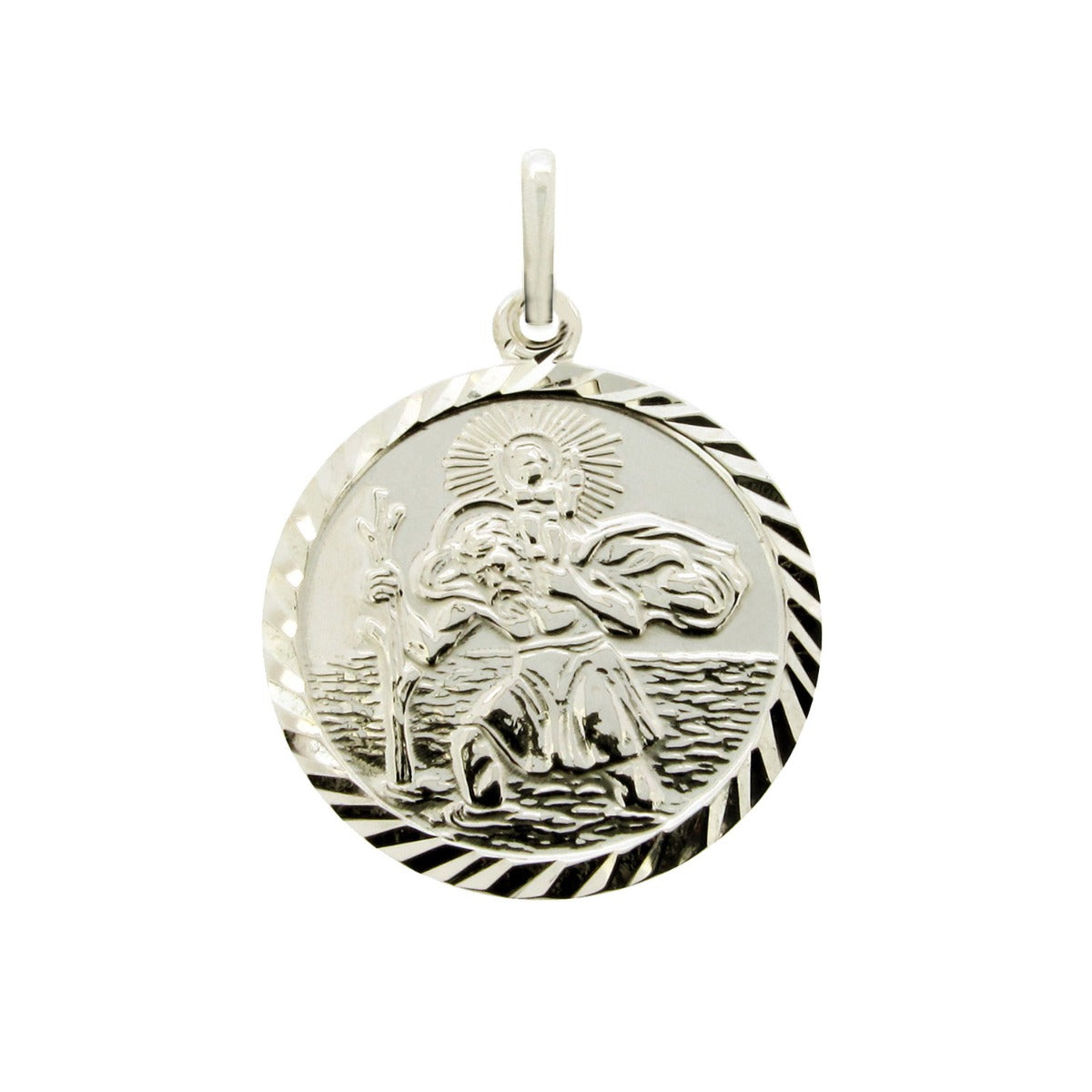 9ct White Gold Diamond Cut 19mm St Christopher Pendant With Optional Engraving and Chain
