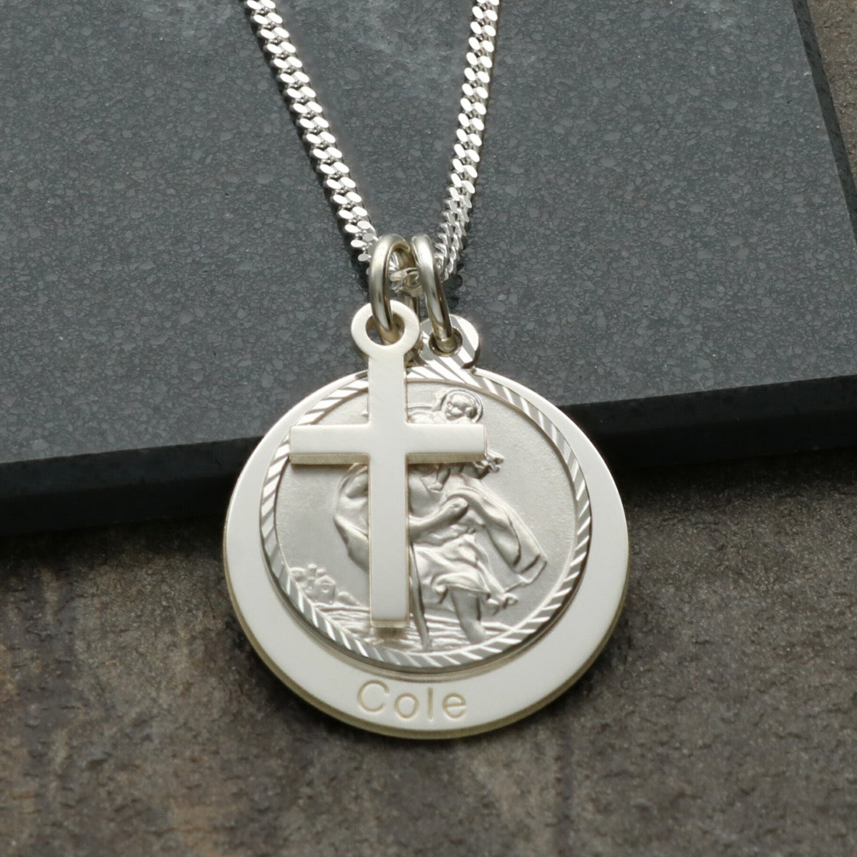 Sterling Silver Personalised St Christopher With Travellers Prayer Disc, Cross & Optional Engraving