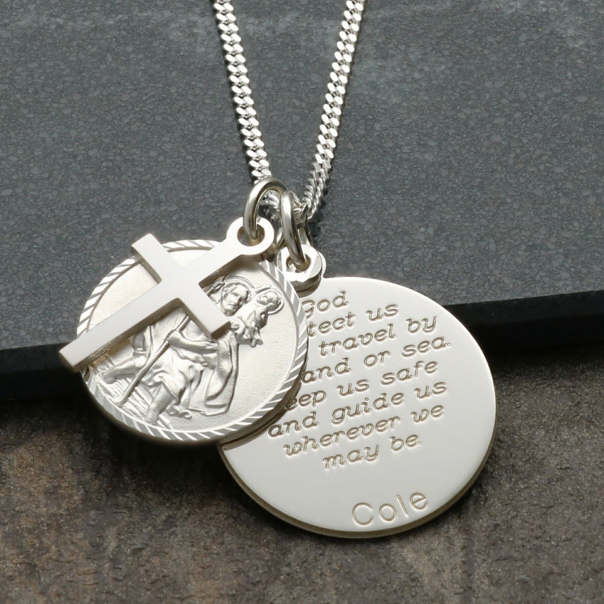 Sterling Silver Personalised St Christopher With Travellers Prayer Disc, Cross & Optional Engraving - Love Silver Jewellery