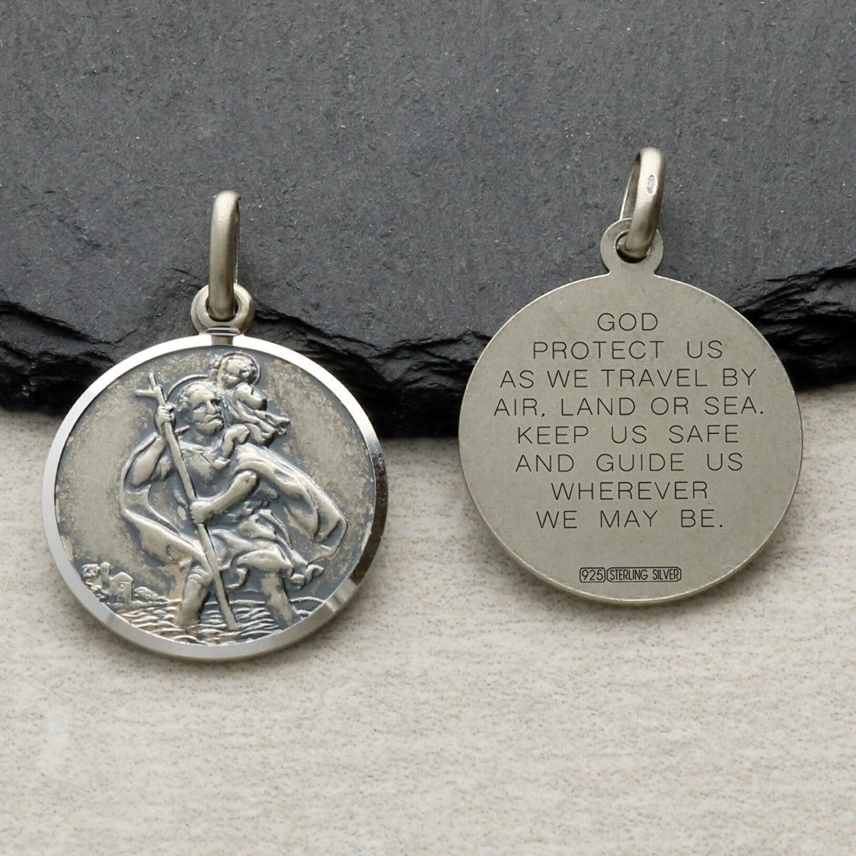 Antique Finish Sterling Silver 24mm St Christopher Pendant With Travellers Prayer and Optional Chain - Love Silver Jewellery