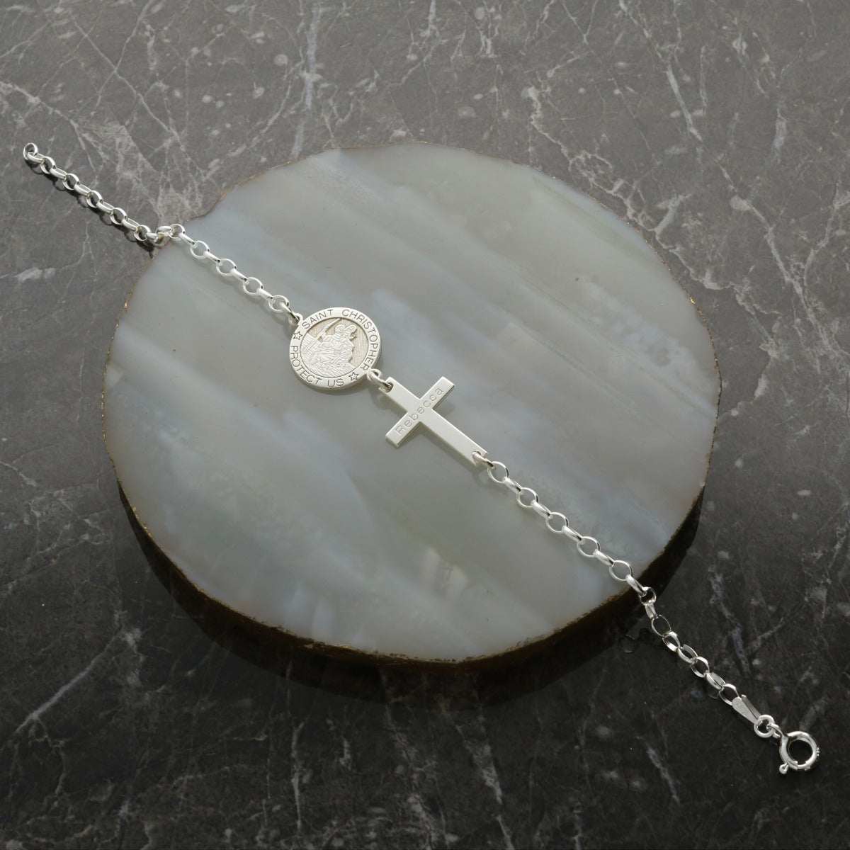 Sterling Silver St Christopher Charm Bracelet With Engraved Cross